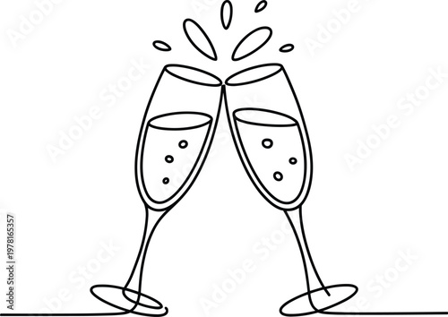 Two champagne flutes clinking together, line glasses