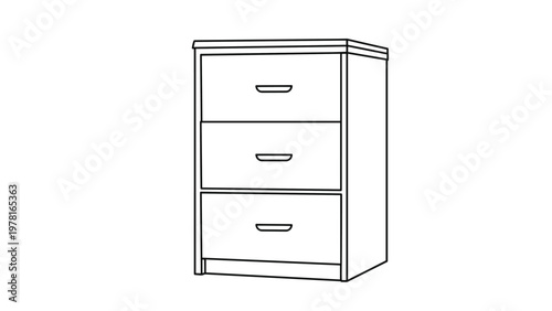 Minimalist black and white line illustration of a modern three-drawer chest of drawers or office file cabinet.