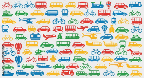 Collection of colorful transportation vehicles and modes of travel.