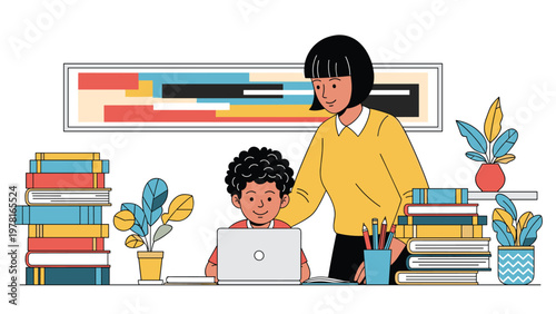 Caring teacher assists a young student with his online studies using a laptop in a cozy room filled with books and plants.