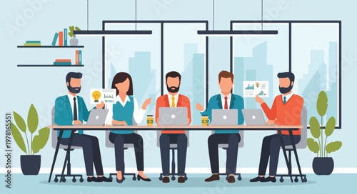 A group of five office workers are having a productive meeting at a conference table, using laptops and discussing data visualizations.