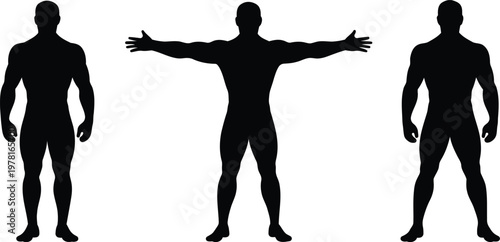 Quadro su tela Three black male human body silhouettes demonstrating different standing poses w