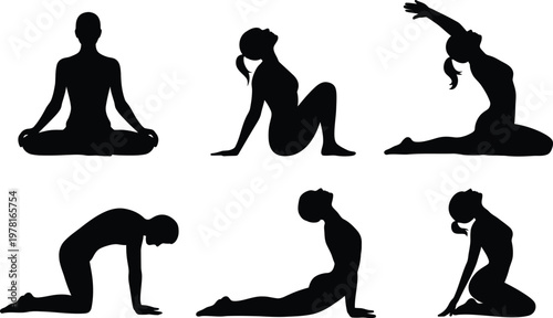Diverse collection of black silhouettes representing various yoga poses for a healthy lifestyle