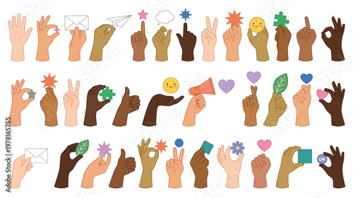 Diverse Multiracial Hands Holding Heart, Speech Bubble, Star, Emoji and Message Icons. Giving Feedback, Sharing Opinion and Emotion. Communication Arm Gestures and Signs. Flat Vector Illustrations Set