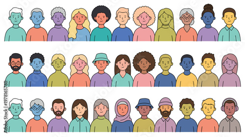 Diverse Group of People Standing Together. Multiracial Men and Women Characters in Colorful Clothes. Community, Team and Crowd Collection. Flat Vector Illustrations Isolated on White Background