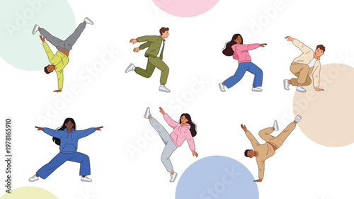 Dynamic Dance Poses of Diverse People. Hip Hop, Break Dance and Street Dance Moves. Active Characters in Casual Clothes. Easy to Edit Flat Vector Illustrations Set Isolated on White Background
