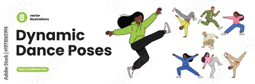Dynamic Dance Poses of Diverse People. Hip Hop, Break Dance and Street Dance Moves. Active Characters in Casual Clothes. Easy to Edit Flat Vector Illustrations Set Isolated on White Background
