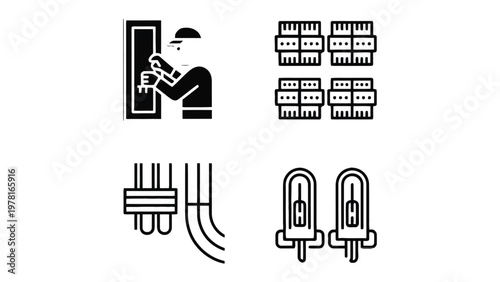 Electrical Icon Collection: A set of sleek, minimalist icons, illustrating various aspects of electrical work and equipment, ready to enhance projects.