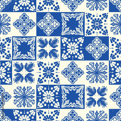 Traditional Portuguese Azulejo tile pattern featuring various blue and white decorative geometric shapes, ornate floral motifs, and abstract design elements, creating a seamless background texture