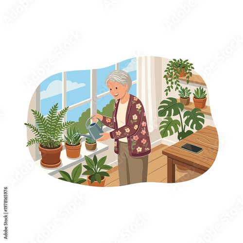 Elderly woman watering plants on a windowsill in a cozy indoor setting with greenery.