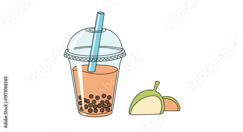 Refreshing cup of milk tea with brown boba pearls and a blue straw is shown with fruit slices isolated on a plain white background for cafe.