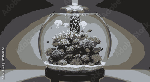 Aquatic Ecosystem in Glass Bowl with Coral and Marine Life