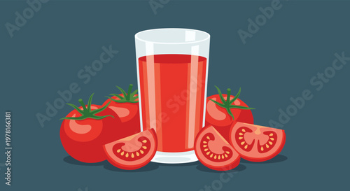 Tall glass of red tomato juice is surrounded by whole and sliced fresh tomatoes in a vibrant food illustration against a dark background space.