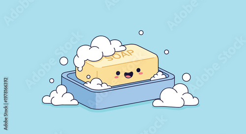 Friendly bar of soap character with a smiling face and fluffy white bubbles is shown in a blue soap dish on a light blue background for kids.