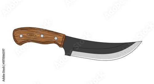 Rugged hunting knife with a black blade, silver edge, and wooden handle is illustrated from a side view on a plain white background for sports.