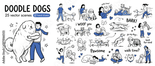 Doodle Dogs and People Collection. Hand Drawn Dog Scenes, Pets and Owners, Playing, Walking and Hugging. Cute Funny Animal Characters. Vector Illustrations Set Isolated on White Background