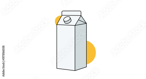 Simple white milk carton with a screw cap is illustrated against a minimal background with yellow circles for grocery or kitchen theme art.