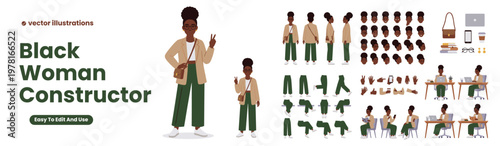 Black Woman Character Constructor with Body Parts, Face Expressions, Arm and Leg Poses. Female Animation Kit with Positions and Movements. Flat Vector Illustrations Isolated on White Background
