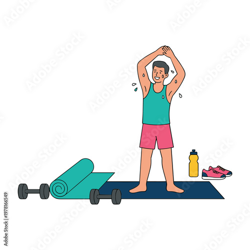 A man stretches on a yoga mat with dumbbells and shoes nearby indoors.
