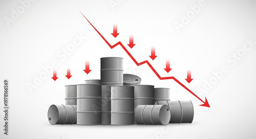Oil barrels with downward trending graph and red arrows indicating decrease.
