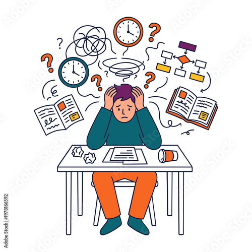 A stressed person sits at a desk, overwhelmed by thoughts and deadlines.