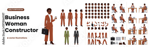 Black Business Woman Character Constructor with Body Parts, Face Expressions, Arm and Leg Poses. Female Animation Kit with Different Positions and Movements Flat Vector Illustrations Isolated on White