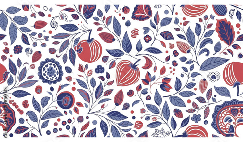 Boho chic indigo blue and red ornament vector with floral and almond patterns
