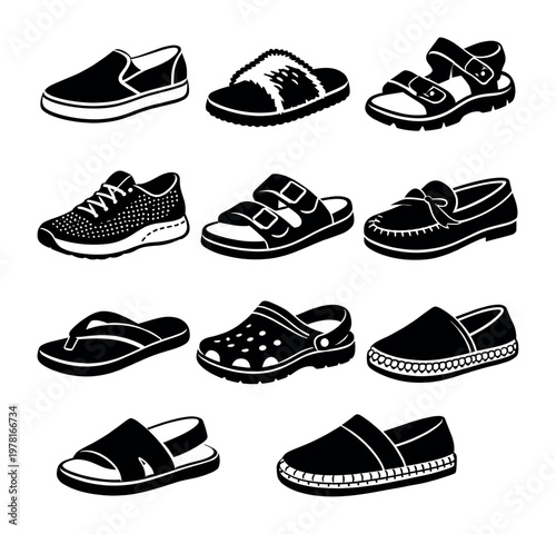 Various types of shoes and sandals for different seasons and occasions, depicted as simple black and white vector icons