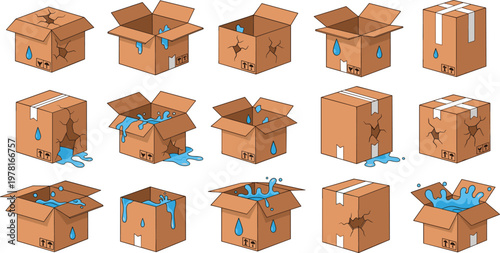Damaged Cardboard Box Set with Broken Wet and Open Packaging Illustrations Shipping Damage Concept for Delivery Logistics and Storage Design Use.