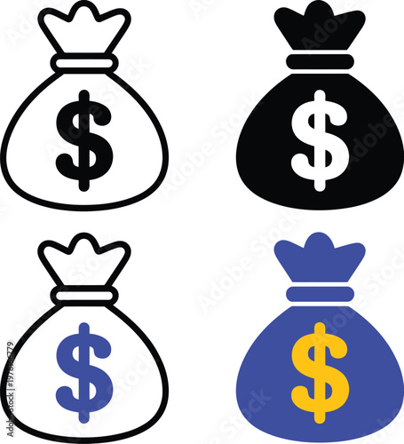 Money Bag Icon Set with Dollar Sign, Outline and Solid Styles, Finance and Banking Symbols Collection for Investment, Savings, Profit and Business Concepts, Vector Illustration