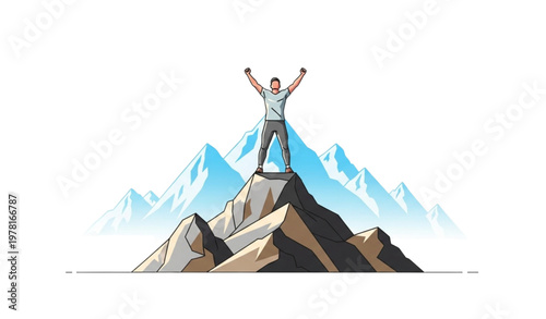 Personal growth vector with male on mountain peak showing triumph and mental strength