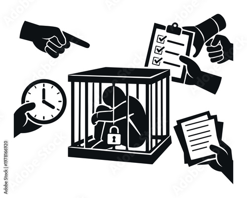 Person in cage representing work burnout and pressure, surrounded by pointing finger, clock, clipboard, and documents
