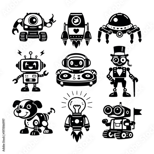 Grouping various cartoon robot illustrations representing artificial intelligence, technology, automation, innovative ideas, and futuristic concepts