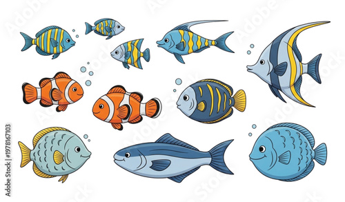 Hand-drawn cute sea fish vector set for kids and underwater illustrations