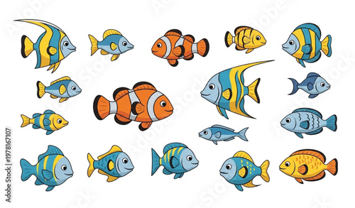 Flat vector cute sea fish set with smiling ocean characters isolated on white