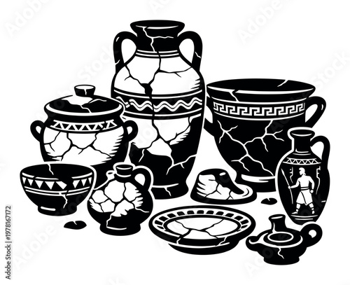 Collection of ancient Greek pottery, including cracked vases, bowls, and an oil lamp, showcased against a plain white backdrop