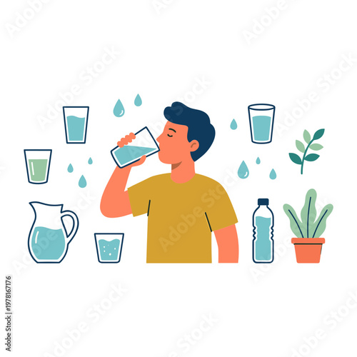 A man drinks water from a glass surrounded by various glasses and plants indoors.