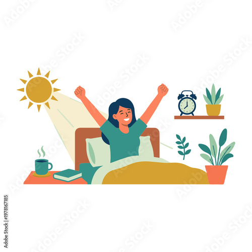 Woman wakes up with joy in her cozy bedroom at sunrise