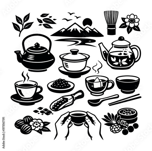 Various objects representing Japanese tea ceremony culture, including teapots, cups, leaves, matcha whisk, and Mount Fuji