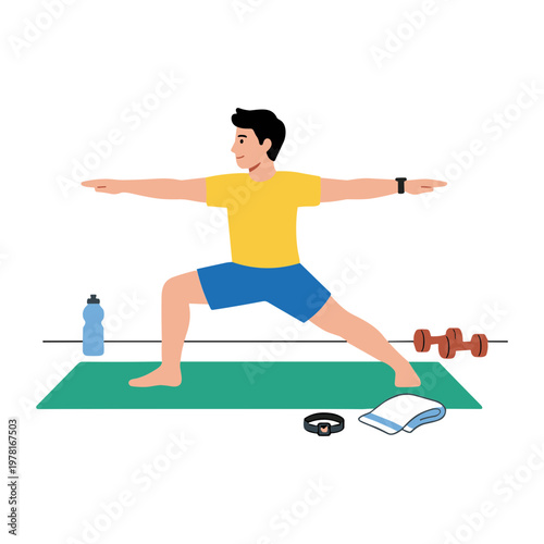 A man practices yoga on a green mat with dumbbells and a bottle nearby indoors.