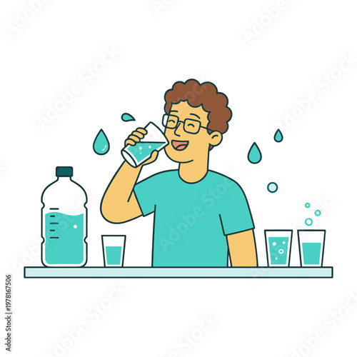 Man drinking water from a glass at a table with bottles