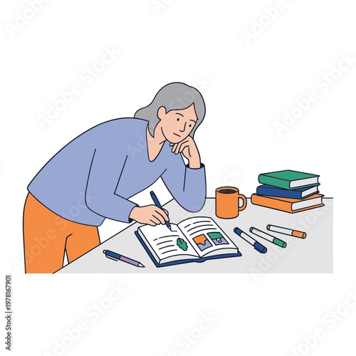 Woman studies intently at a cluttered desk with an open book and pens.