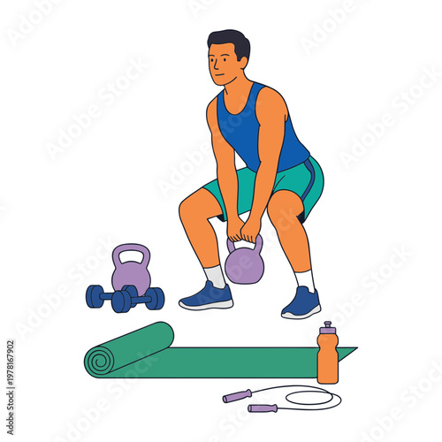 Man exercising with kettlebell on fitness mat outdoors with dumbbell and jump rope