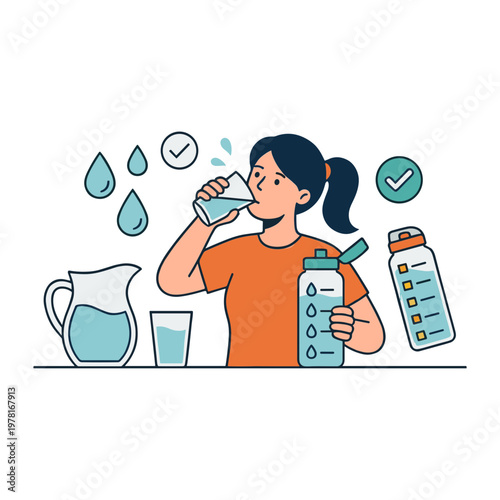 Woman drinking water from a bottle with a satisfied expression at home.