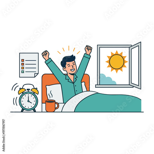 Man wakes up in bedroom with arms raised in morning sunlight