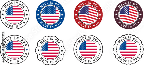 Made in USA Round Stamp Badge Icons Set with American Flag Vector