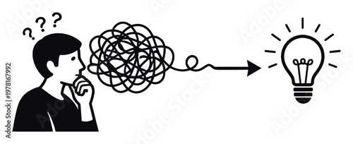Man deep in thought, untangling confusion to find a brilliant new solution. Symbolizing innovative problem solving
