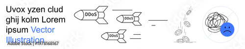 Cybersecurity, data protection, network attacks, online threats, system harm, digital overload. Three DDoS labeled rockets and a sad face icon. Cybersecurity and network attacks concept