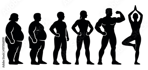 Human figures evolving from obese to fit and muscular, showing body transformation progression, weight loss, and healthy lifestyle
