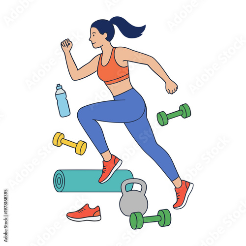 Woman engaging in fitness routine with dumbbells and yoga mat outdoors